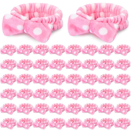 Wavyknot 50 Pcs Pink Spa Headband Bulk Spa Sleepover Party Supplies for Washing Face with Removable Bow Makeup Elastic Bowknot Headbands for Women Gifts Soft Skincare Microfiber Hairbands(Dots Style)
