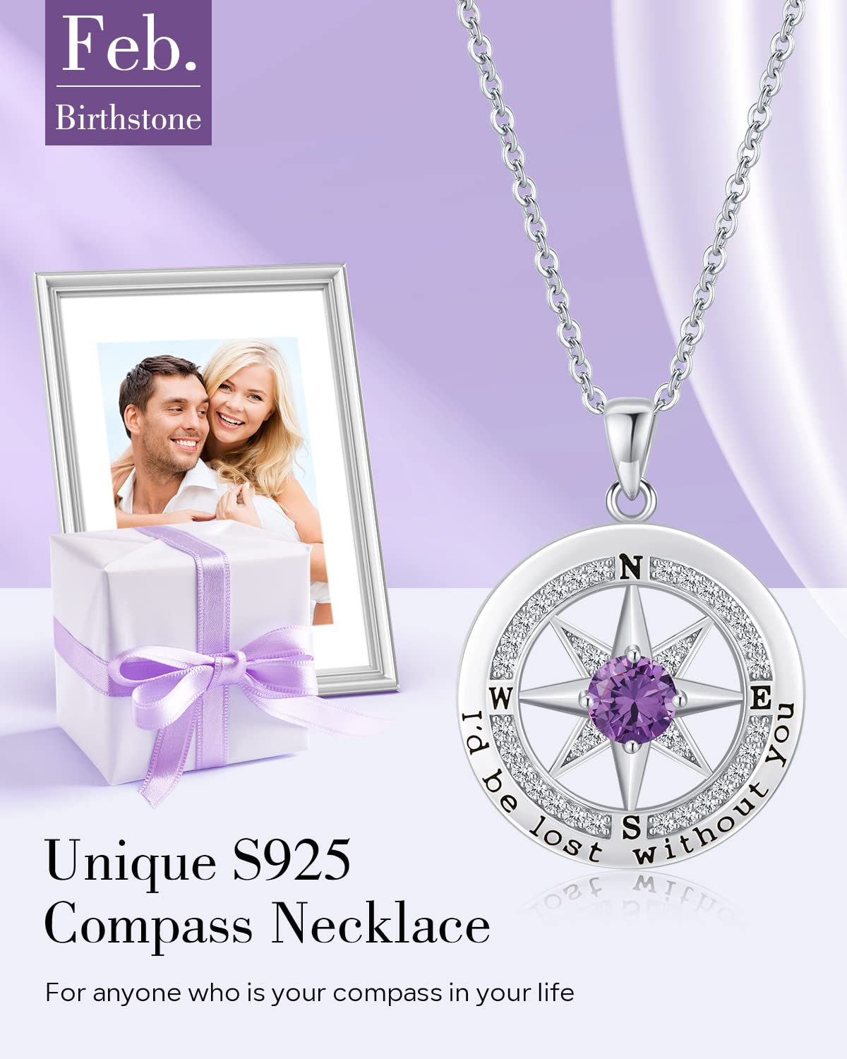S925 Sterling Silver Necklace for Wife, Women Anniversary Year Gifts Compass Jewelry, Birthday Gift Ideas for Her Girlfriend, Wedding Present, 18K White Gold February