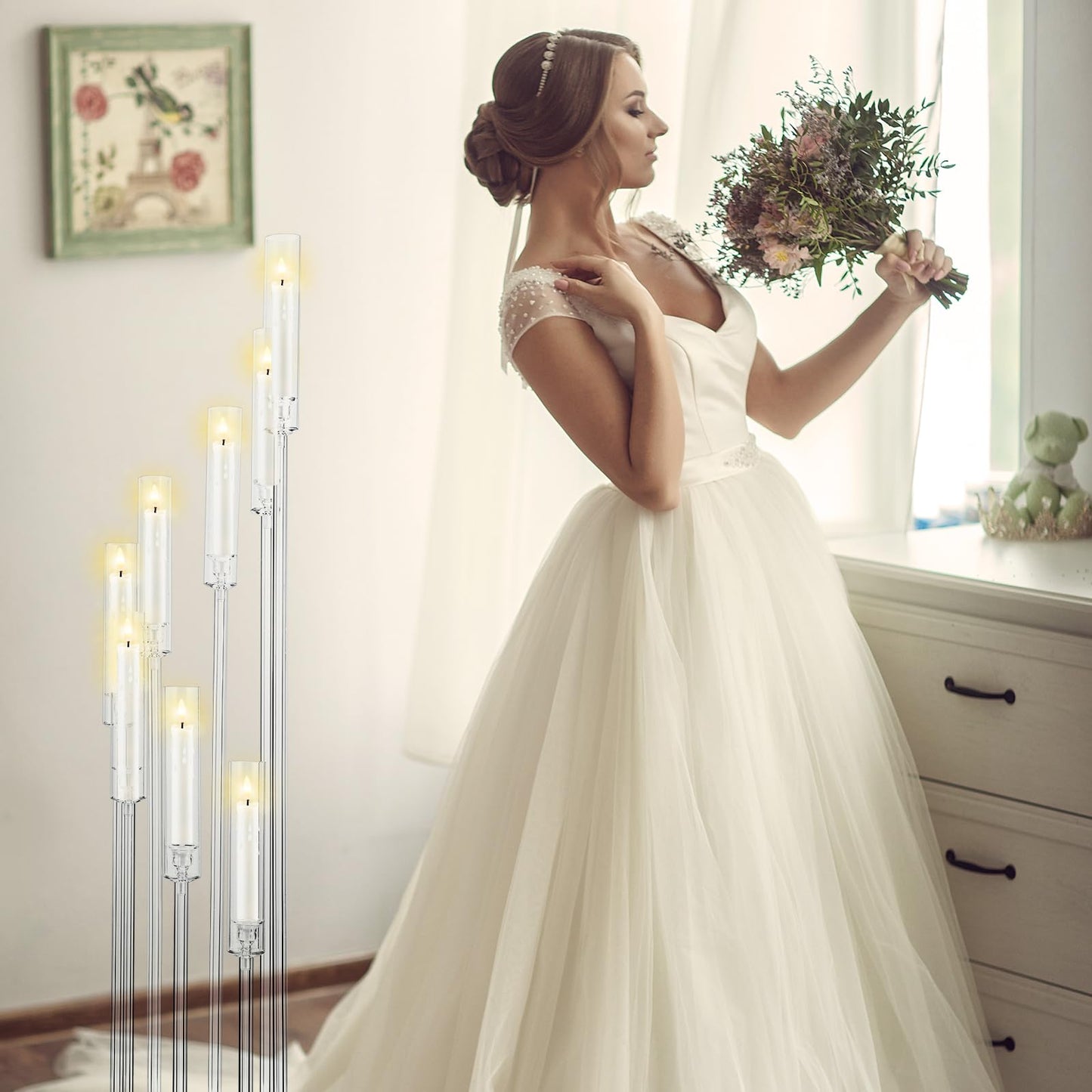 Vesici 2 Pcs 8 Arm Acrylic Candelabra Centerpieces for Tables 49.6 x 11 Inch Candlesticks Holder Clear Acrylic Candle Holder for Wedding Ceremony Floor Home Dinner Party, Fit 0.8" LED Candle"