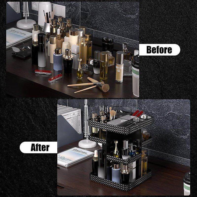Famitree 360° Rotating Makeup Organizer, Organizador De Perfumes Large Capacity Cosmetics Storage Vanity Shelf Countertop, Fits Cosmetics, Perfume, Skin Care, Lipsticks (Black)