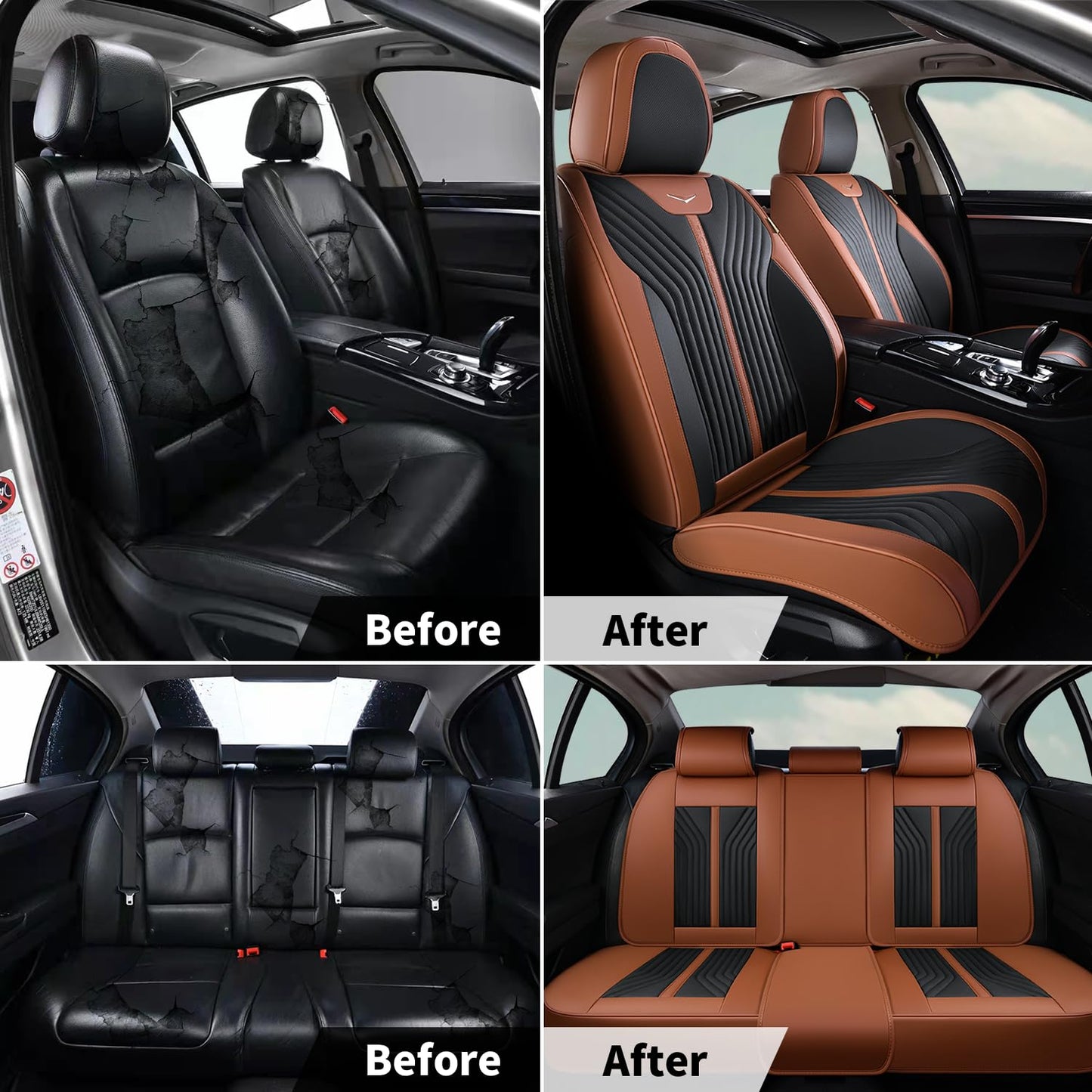 FLORICH Car Seat Cover 5PCs, Seat Cover Full Set, Waterproof Seat Protectors, Brown Leather Seat Covers for Cars, Universal Automotive Vehicle Cushion fit for Most Cars (Brown&Black)