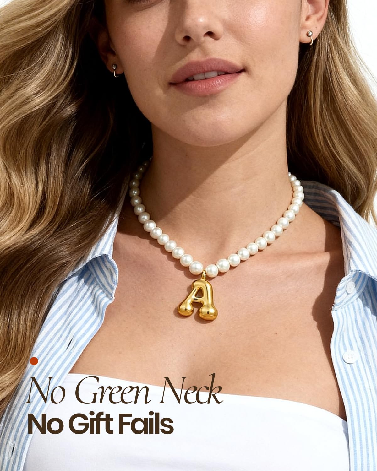 DoDoBeads Pearl Initial Necklace, 18K Gold Plated Stainless Steel Balloon Letter Pendant D, Non-Tarnish Waterproof Chunky Monogram Jewelry Gifts for Women Teens