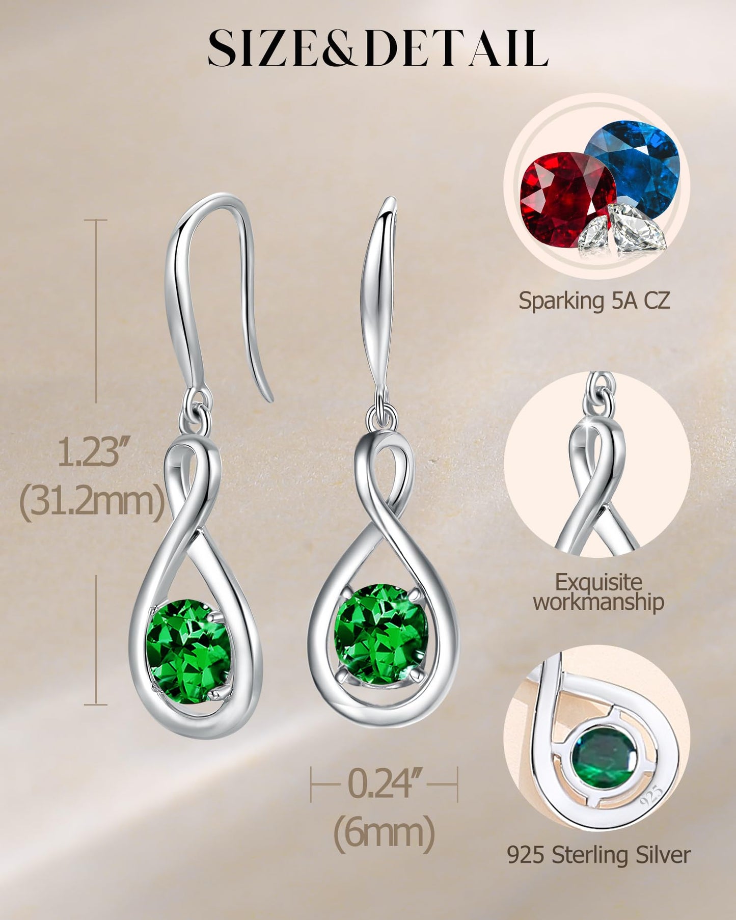 FANCIME Emerald Dangle Drop Earrings 925 Sterling Silver Dainty Infinity Green Gemstone May Birthstone Earring Fine Jewelry Birthday Mothers Day Gifts for Mom Her Women