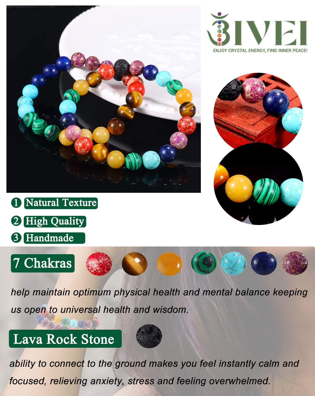 Bivei Natural Gemstone Semi Precious Crystals Handmade Stretchy Round Beads Bracelet, Enhance Positive Energy,Stocking Stuffers for Women(Chakra Bracelet (Inner Balance) Medium)