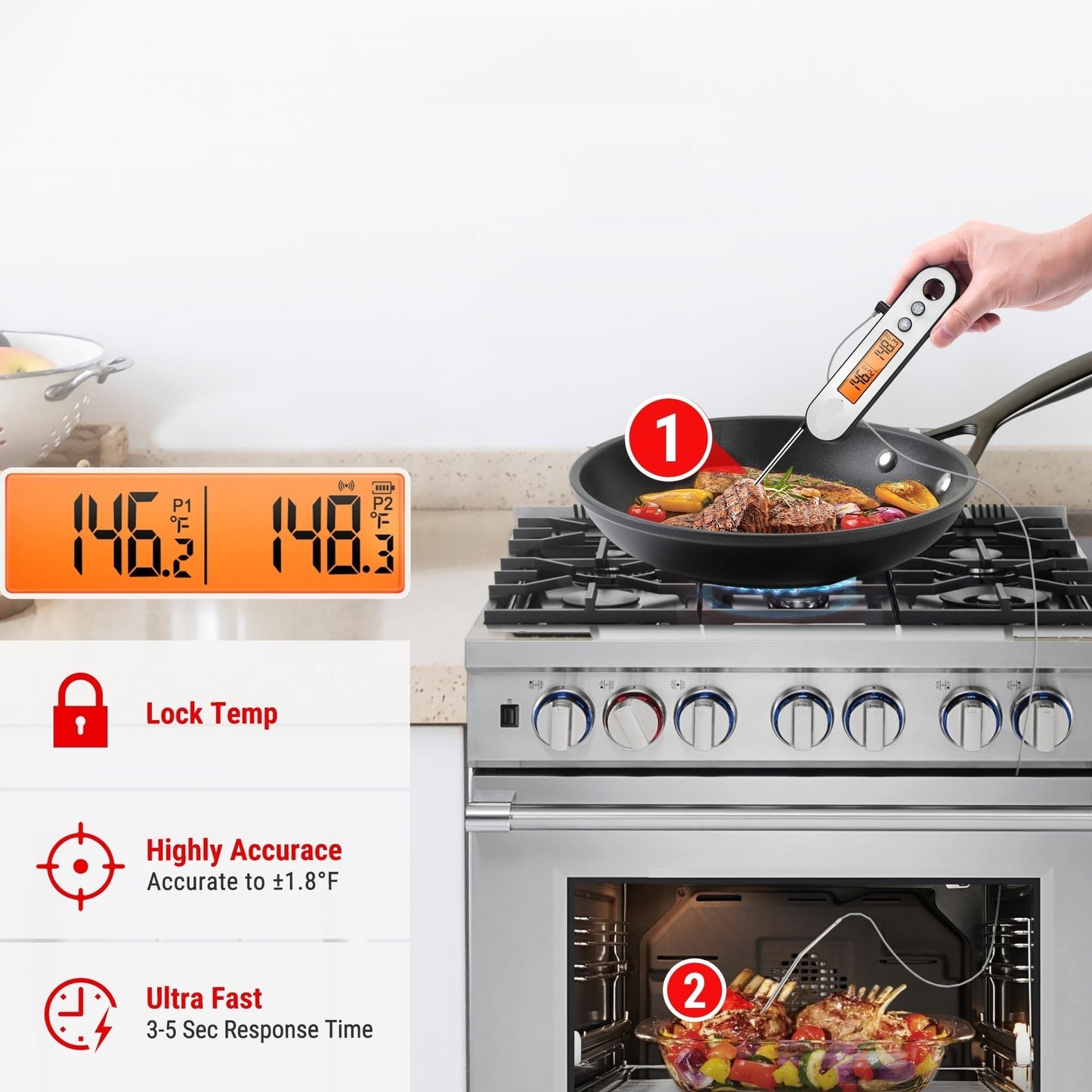 Rechargable Waterproof Backlight 2 in 1 Folding Wired Probe Digital Kitchen Cooking Oven BBQ Meat Thermometer