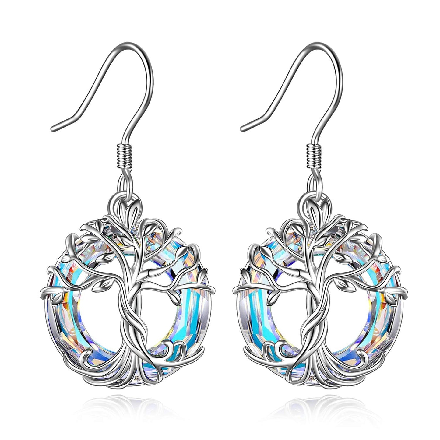 TOUPOP Tree of Life Earrings for Women Sterling Silver Family Tree Drop Dangle Earrings White Circle Crystal Jewelry Birthday Mothers Day Gifts for Women Mom Her