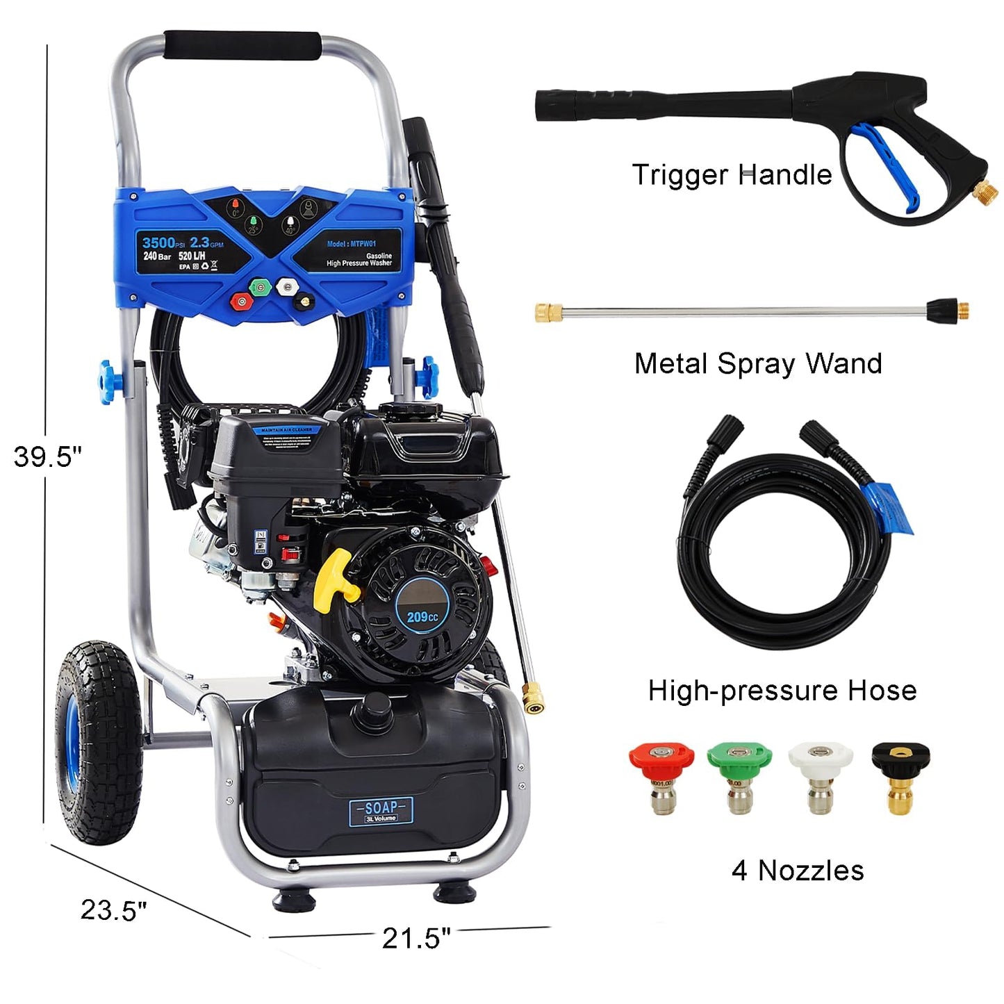 Gas Powered Pressure Washer 3500 PSI, 2.3 GPM Heavy Duty High Power Washer,209CC 7HP Engine with 25Ft Pressure Hose, Axial Aluminum Pump, Soap Tank, 4 Quick Connect Nozzle (Blue)