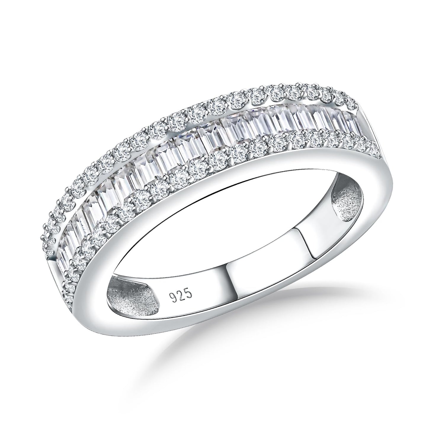 RANDES Channel Diamond Wedding Band Sterling Silver 6mm Thick Cz Emerald Cut Half Eternity Band Cubic Zirconia Rings for Womem Size 9
