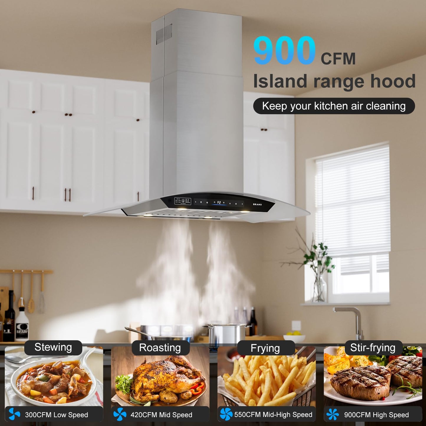 BRANO 36 Inch Island Range Hood, 900 CFM Voice/Gesture/Touch Control Ceiling Vent Hood with 4 Speed Exhaust Fan, 4 LED Lights, Memory Mode, Ducted/Ductless Convertible with 2 Charcoal Filter