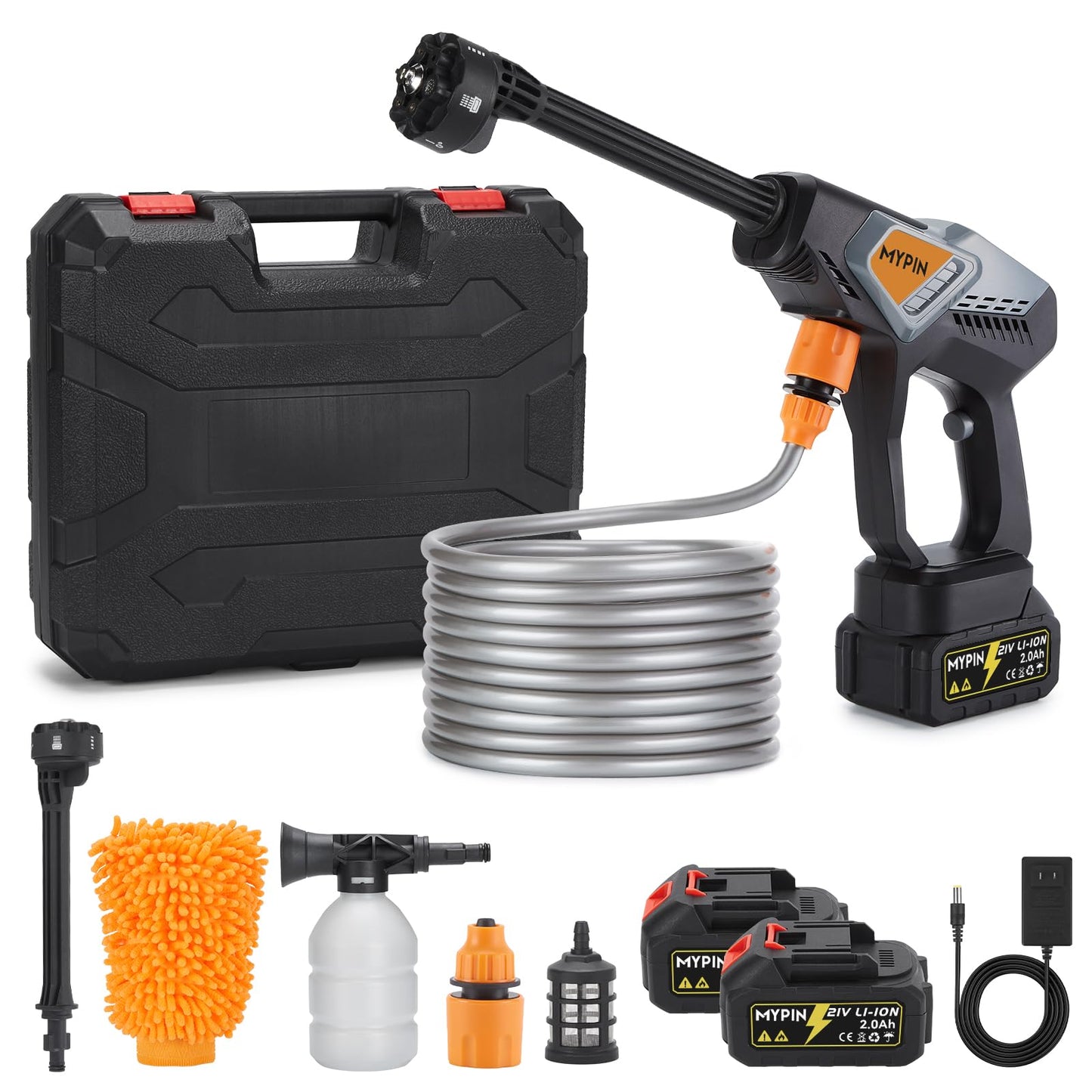 Portable Cordless Pressure Washer, 600 PSI with 21V 2 Rechargeable 2.0Ah Powered Pressure Washer, 6-in-1 Nozzle with 2 Batteries for Car/Fence/Garden/Floor/Yards Cleaning