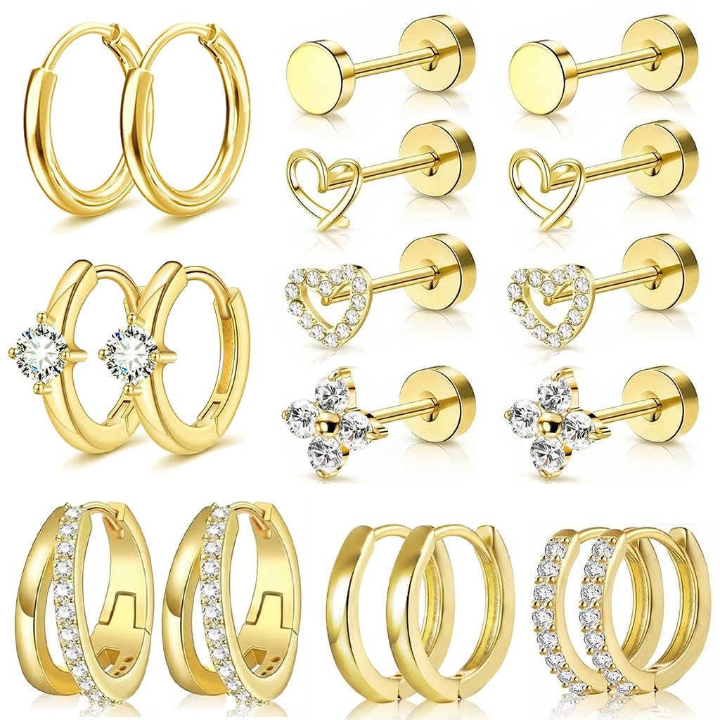 Nunpag 9 Pairs Hypoallergenic 14K Gold Plated Flat Back Earrings for Women CZ Stones Studs Earring Circle Heart Clover Hoop Earrings Stainless Steel Jewelry Gift for Sensitive Ears