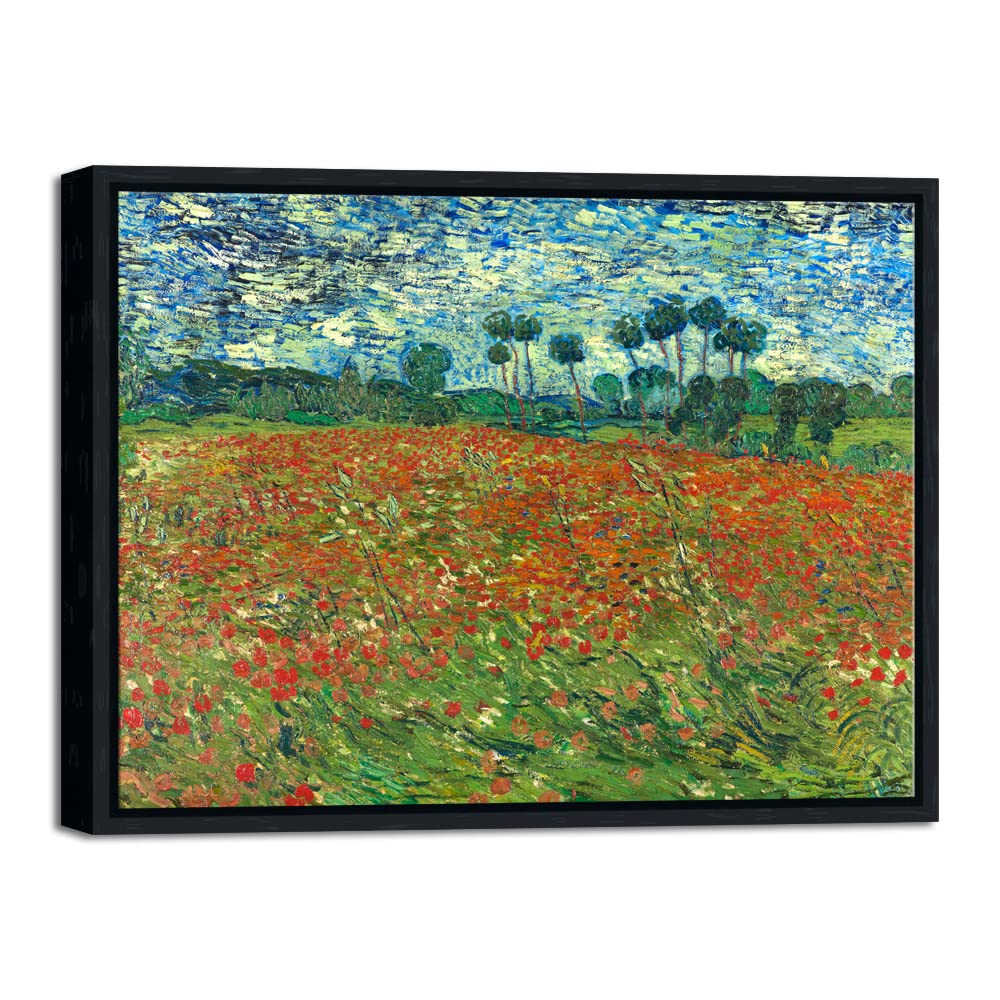 Wieco Art Framed Art Poppy Field June 1890 Canvas Print of Vincent Van Gogh Oil Paintings Reproduction Abstract Wall Art for Home Decorations Black Frame