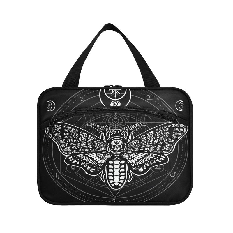 MNSRUU Hanging Toiletry Bags for Women Travel, Gothic Black Skull Moth Toiletry Organizer Portable Travel Toiletry Bags Clear Wash Bags Makeup Bag Cosmetic Bag