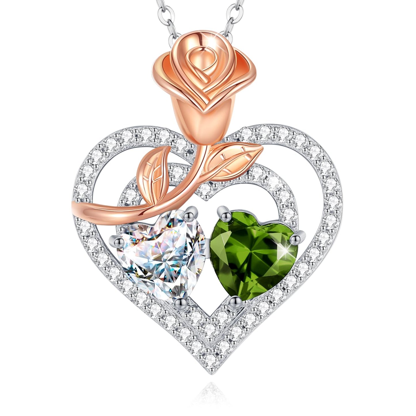 AGVANA April August Birthstone Jewelry CZ Peridot Necklace Sterling Silver Rose Flower Heart Double Birthstone Pendant Necklace Anniversary Birthday Gifts for Women Mom Wife Lady Her