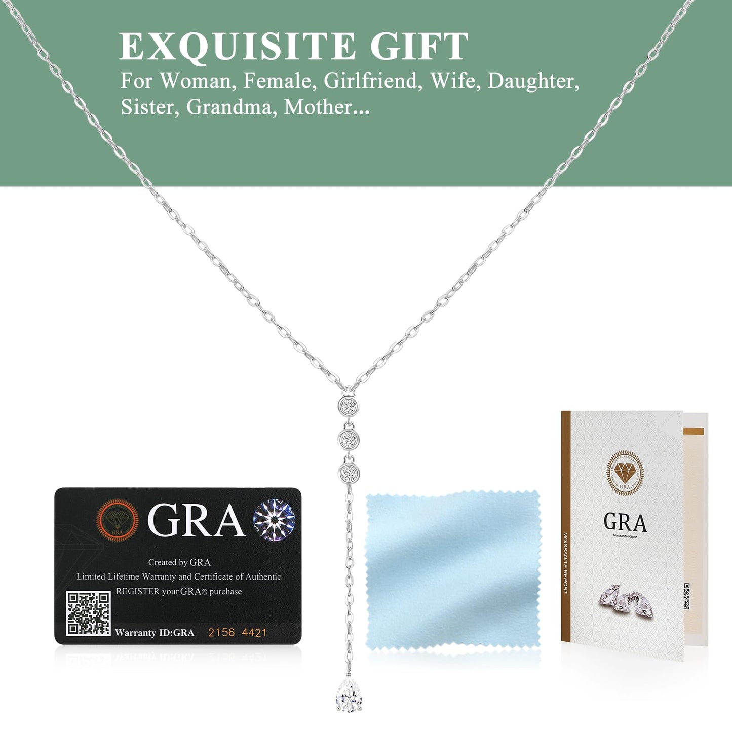 TWTWIO Moissanite Pendant Necklace for Women, D Color VVS1 Clarity 0.59CT S925 Sterling Silver Lariat, 18K White Gold Plated, Valentine's Day Jewelry Gift for Her