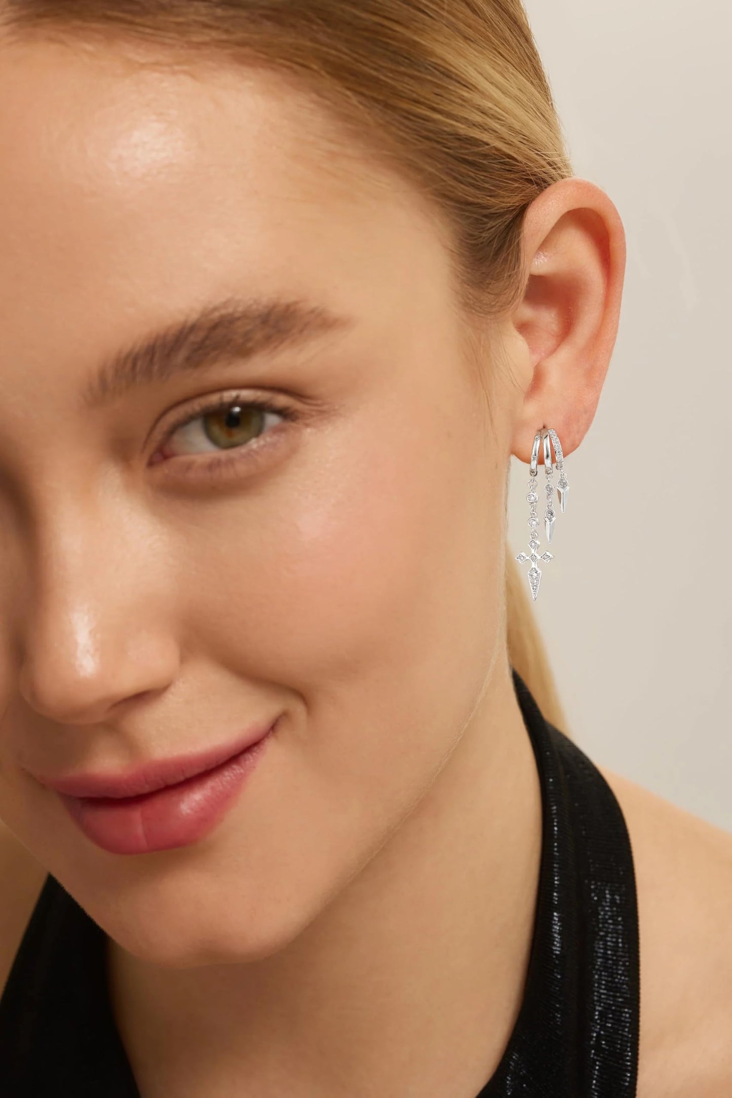 Freekiss Sterling Silver Cross Dangle Earrings for Women, 3 Hoop Illusion Huggie Drop Earring Set with Zircon, Silver Plated Hypoallergenic Stud Earrings Gothic Jewelry for Women