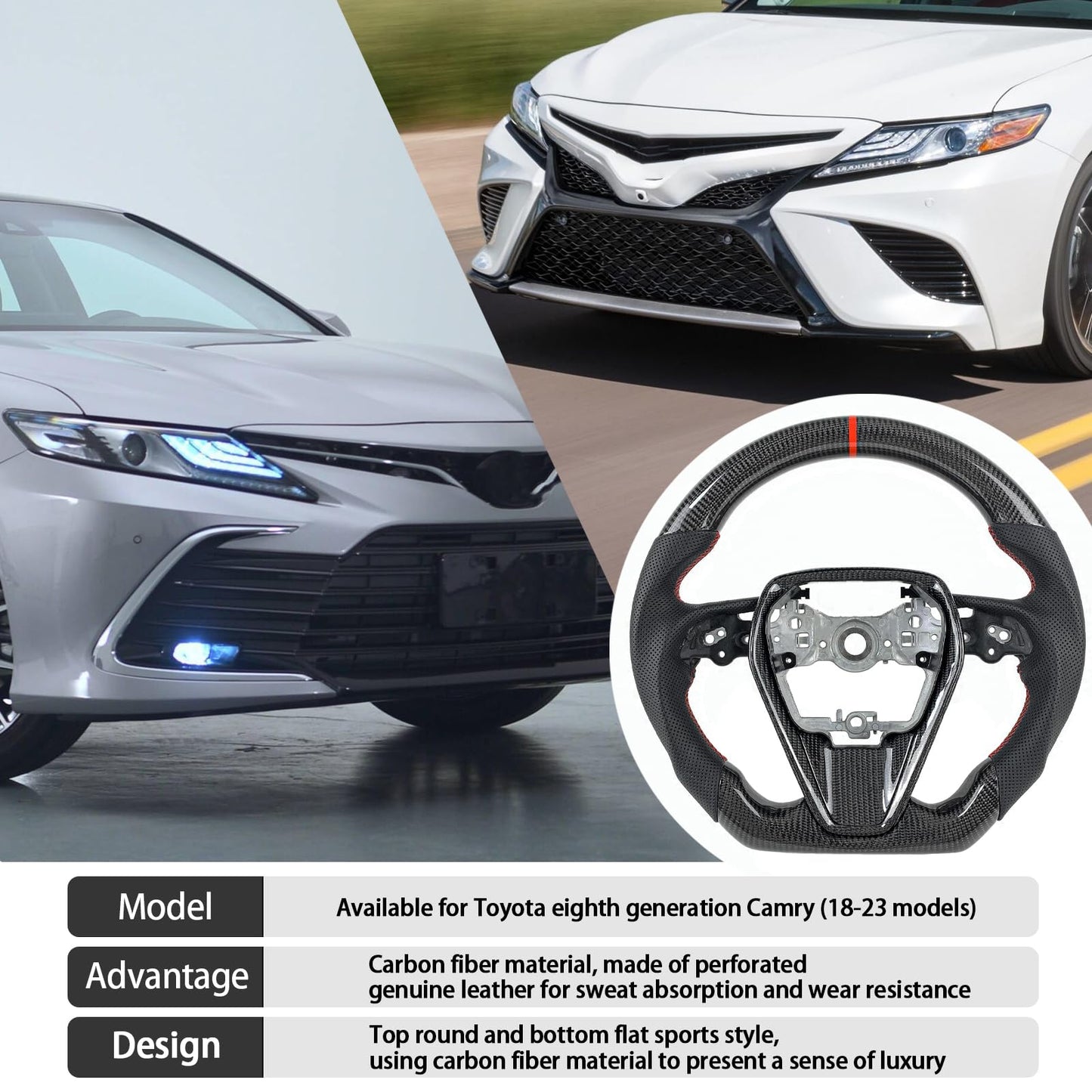 Automotive Carbon Fiber Steering Wheel For Toyota Camry SE XSE XLE 2018 2019 2020 2021 2022 2023 Carbon Fiber Leather Steering Wheel