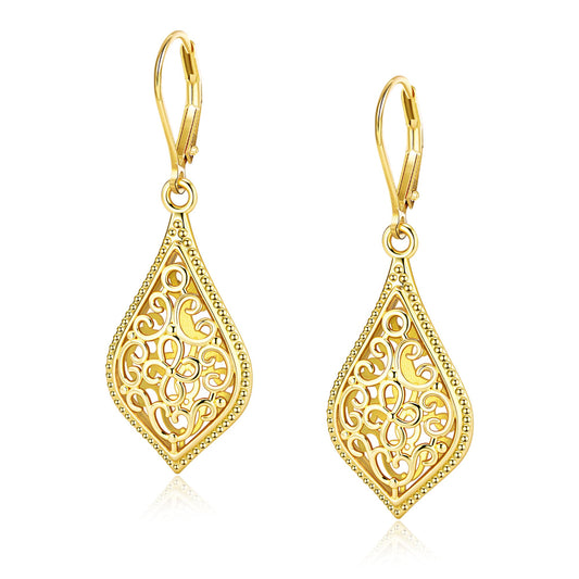 14K Gold Dangle Earrings for Women, Filigree Dangling Leverback Earrings, Gold Waterdrop Hypoallergenic Dangly Drop Earings for Women Trendy Jewelry Gifts