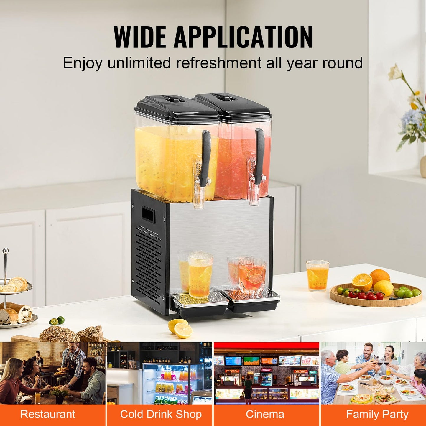 VEVOR Commercial Beverage Dispenser, 2 Tanks 12 L / 12.7 QT Per Tank Juice Dispenser, 286W Stainless Steel Ice Tea Drink Machine with 45°F-54°F Cooling Temperature, for Cold Drink Restaurant Bar Party
