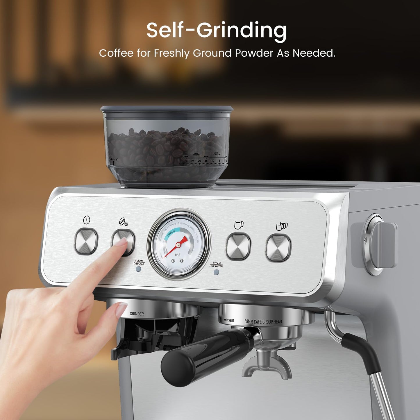 Electactic Espresso Machine with Built-in Grinder, Professional 20 Bar Cappuccino & Latte Machines with Milk Frother, 3-in-1 Stainless Steel Espresso Coffee Maker for Home, Office or Cafe