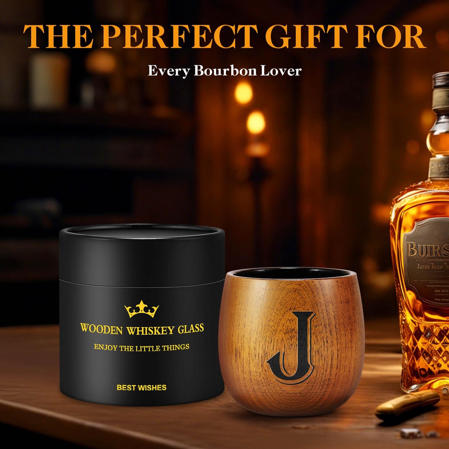 Astonlink Personalized Gifts for Men Husband Dad Boyfriend, Initial Charred Wooden Bourbon Drinking Glass & Whiskey Glasses Gift, Fathers Day Birthday Gifts for Men Dad Husband Brother Him (J)