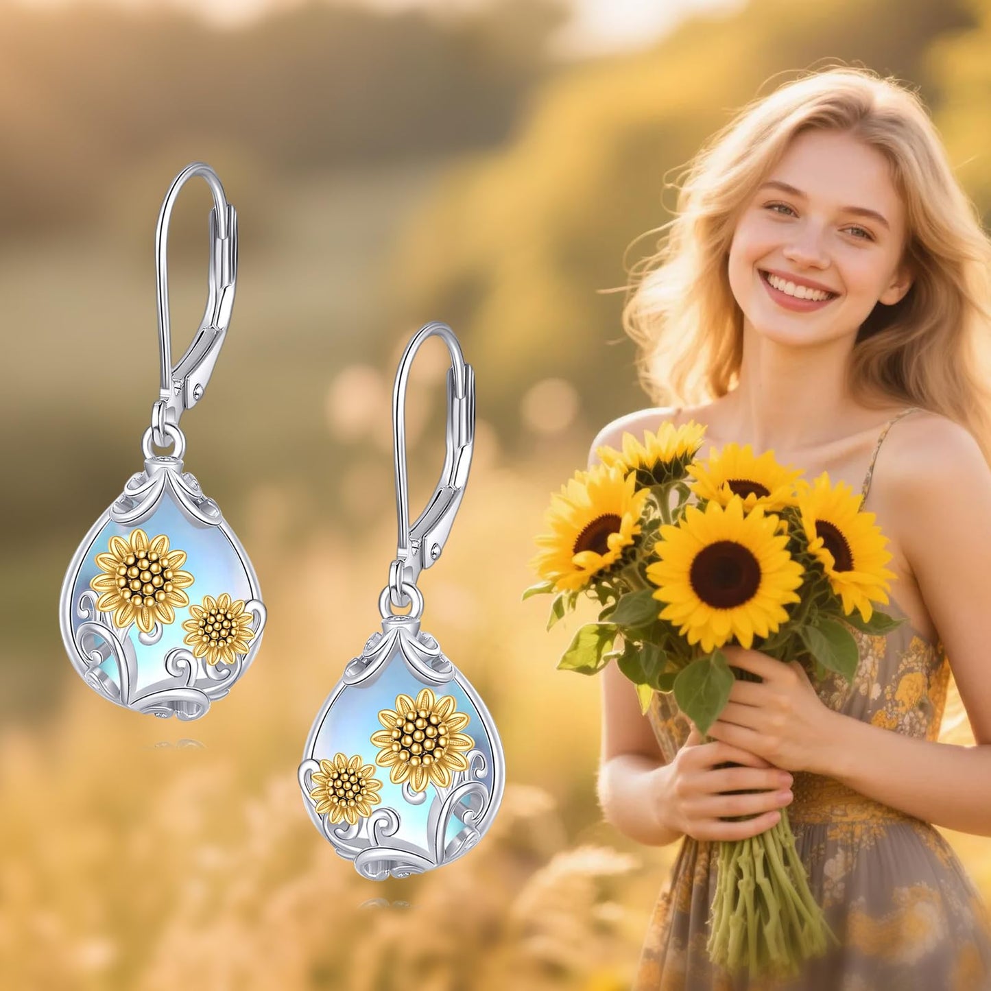 POPLYKE Moonstone Sunflower Teardrop Drop Dangle Earrings Sterling Silver Sunflower Leverback Earrings Moonstone Jewelry Gifts for Women