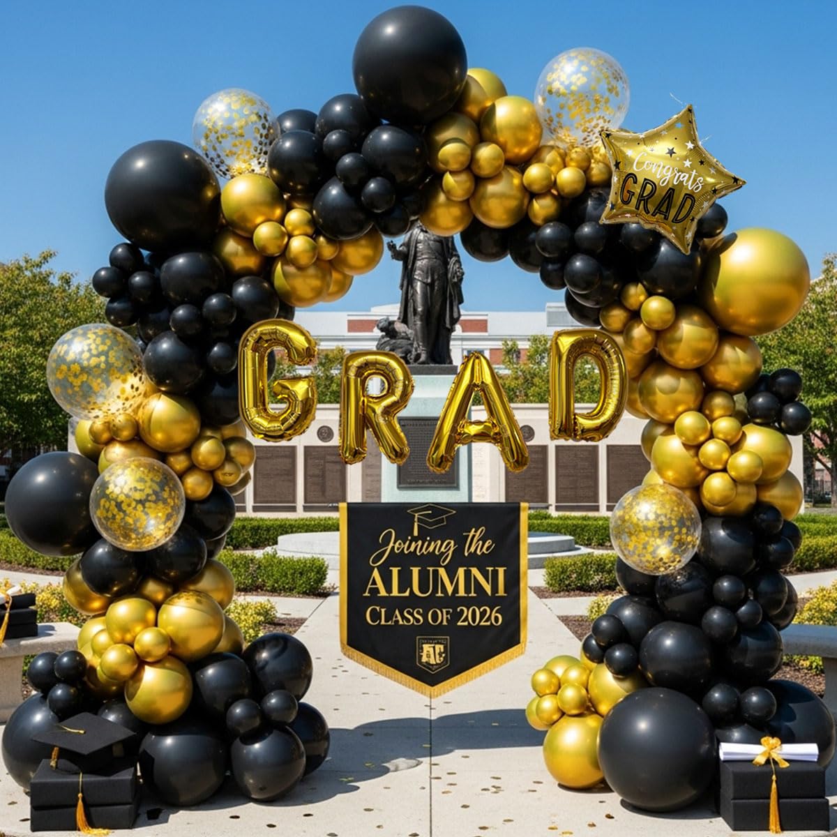 Visondeco Graduation Balloon Arch Kit - 115Pcs Black Gold Graduation Balloon Garland with GRAD Letters and Star Foil Balloons for Class of 2026 Grad Prom Party Decor