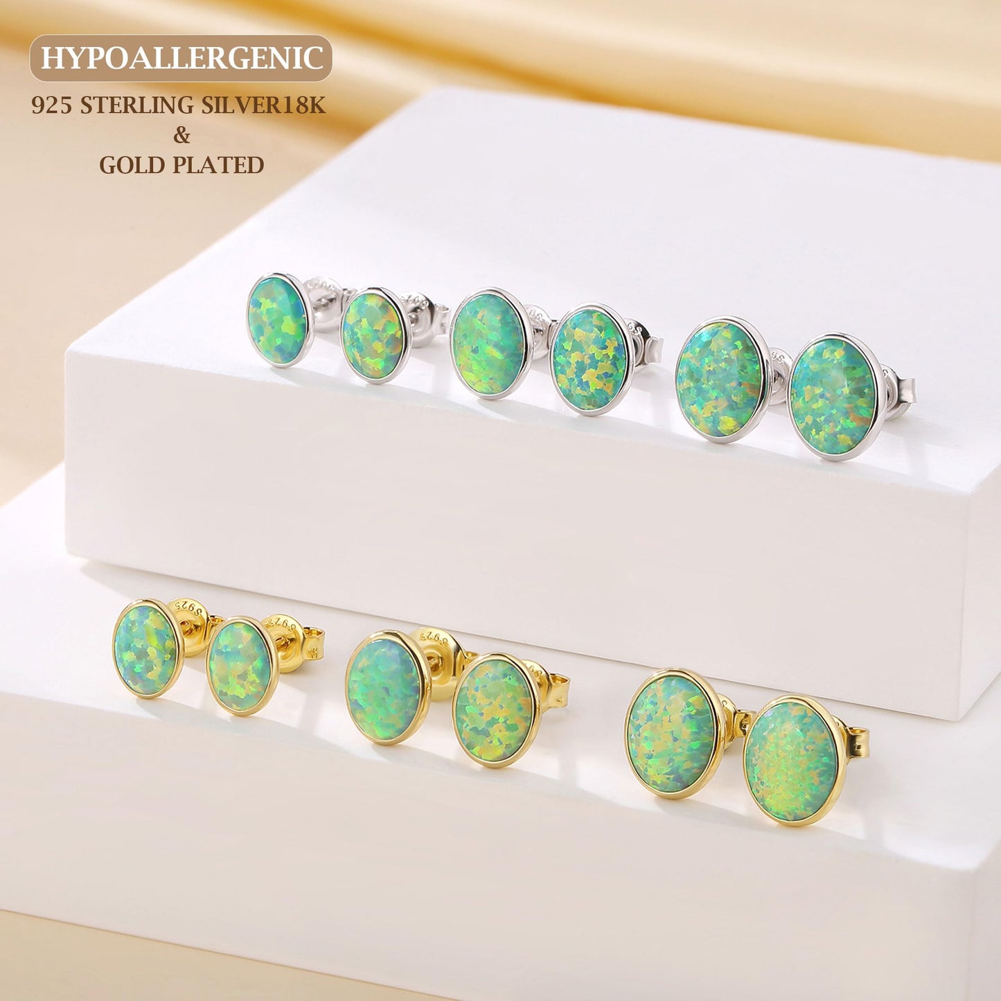 JiayangJY Silver Green Fire Opal Stud Earrings for Women Sterling Silver Oval Shape 7mm Opal Earrings with Push Back