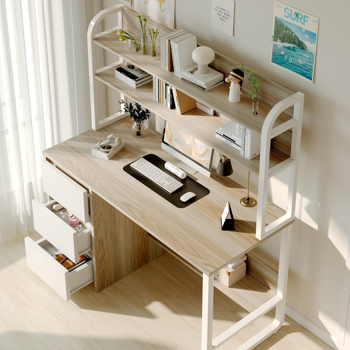 MaverickFurni Computer Desk with Hutch, 47 Inch Small Desk with 3 Drawers for Bedroom, Study Writing Desk with Shelves for Small Spaces, Adjustable Feet, White and Walnut