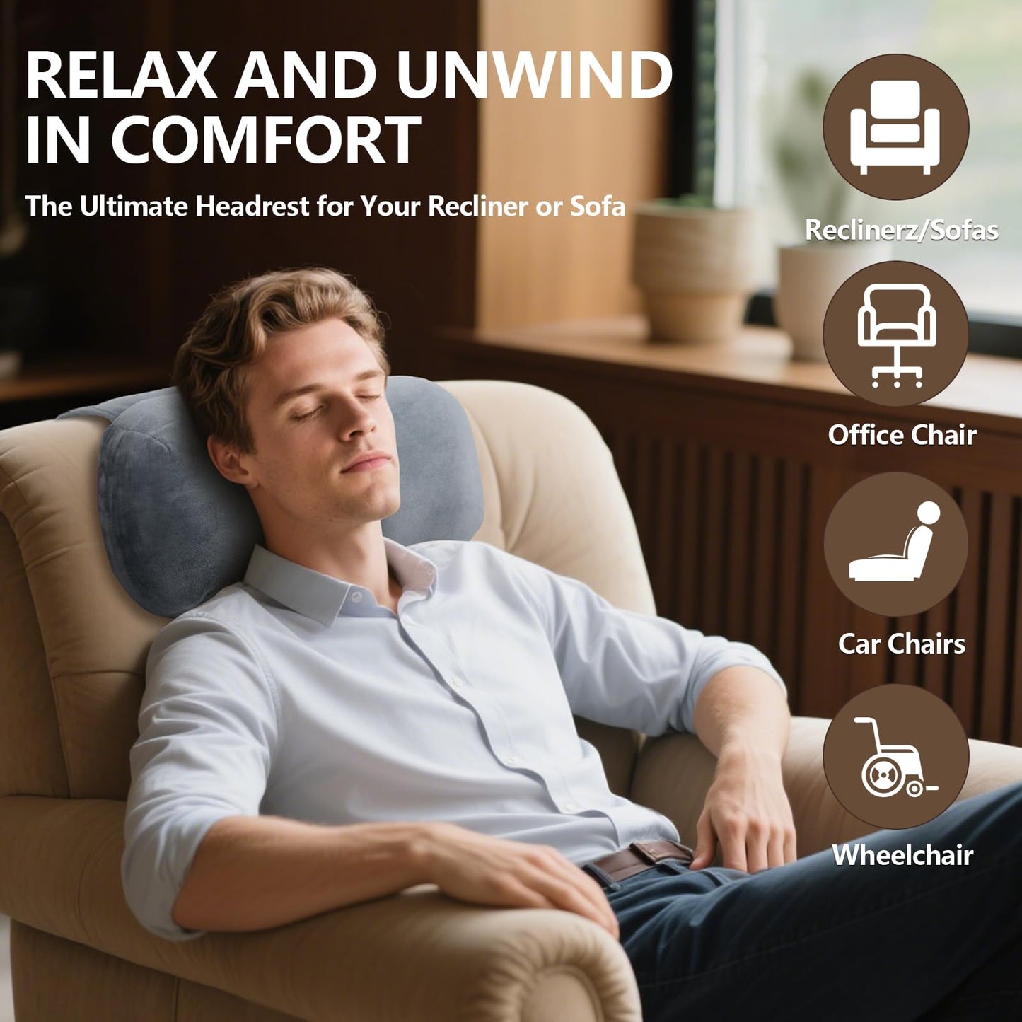 Head Recliner Pillow, Memory Foam Headrest Pillows for Recliner Chairs, Non-Slip Headrest Cushion for Neck Pain Relief, Neck Support Pillow for Travel Home Sofa Armchair (Grey)