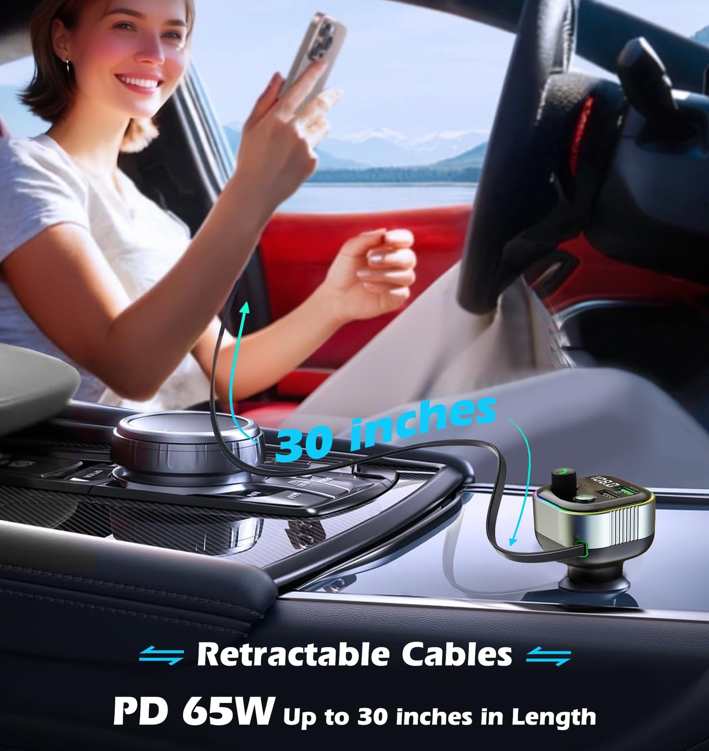 LIHAN Bluetooth 5.4 Car Adapter, Transmitter for FM Radio,65W Retractable USB C Fast Car Charger, Wireless Audio Hands Free Calling & MP3 Music Player, HiFi Bass Support USB Drive
