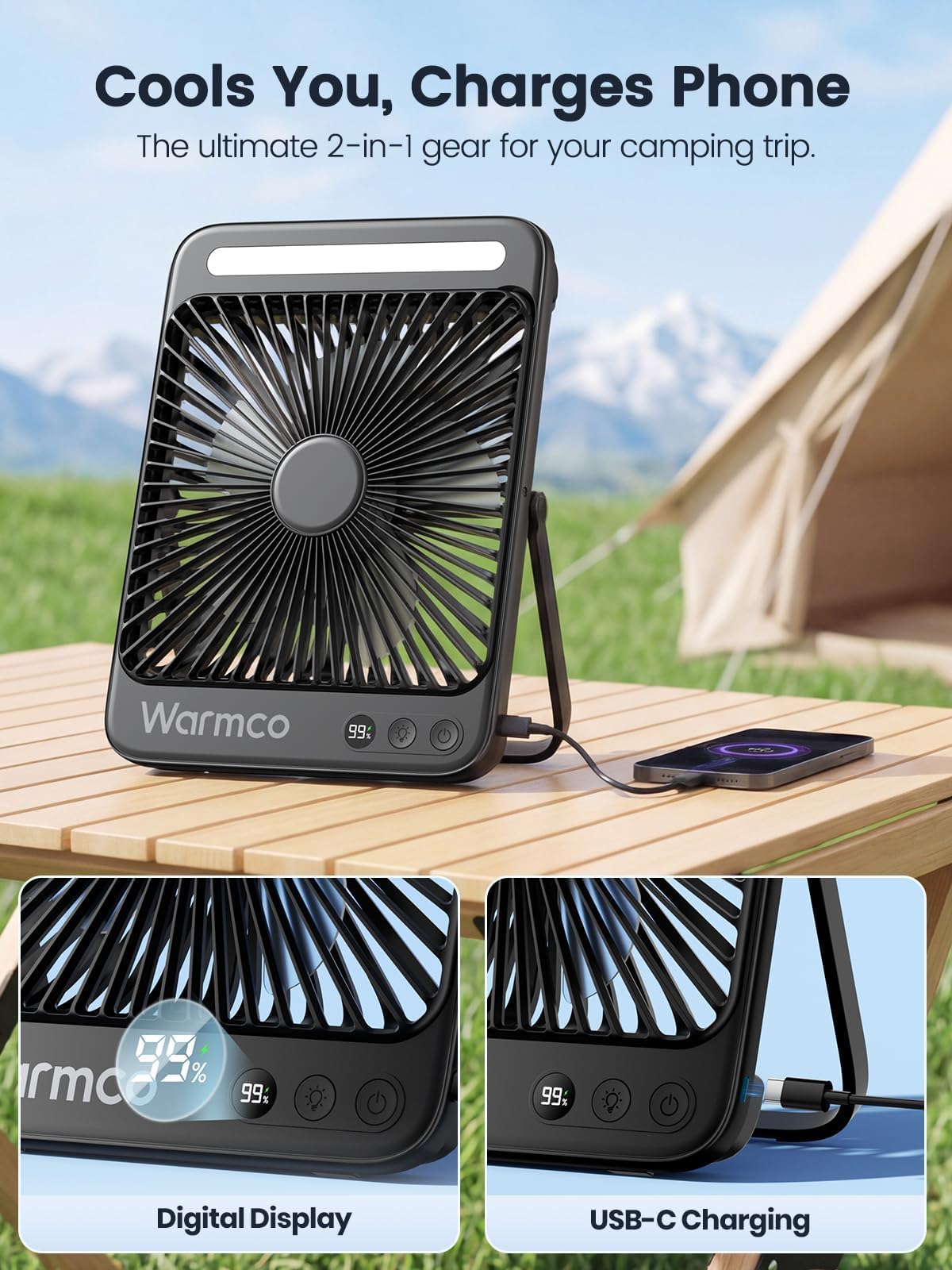 Warmco 20000mAh Battery Powered Fan, Ultra-Slim 8-Inch Portable Camping Fan with LED Lantern, Up to 48H Runtime Rechargeable Desk Fan for Bedroom, Outdoor, Tent, Travel, Cruise Ship Essentials