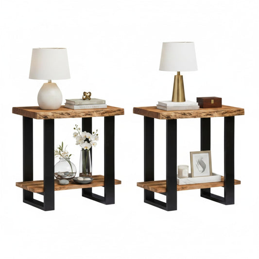 Alaterre Furniture Alpine Live Edge Modern End Table Set of 2-2-Tier Narrow Side Table Set with Open Storage Shelf - Solid Wood and Metal Modern Nightstands for Living Room or Bedroom (Natural)