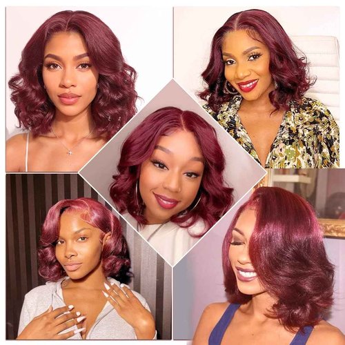 mmiQus 14 Inch Burgundy Bob Wig Human Hair 13x6 99j Burgundy Lace Front Wigs Human Hair Bob Wigs For Black Women 200% Density 99j 13x6 Hd Transparent Lace Front Body Wave Wigs Pre Plucked Pre Cut
