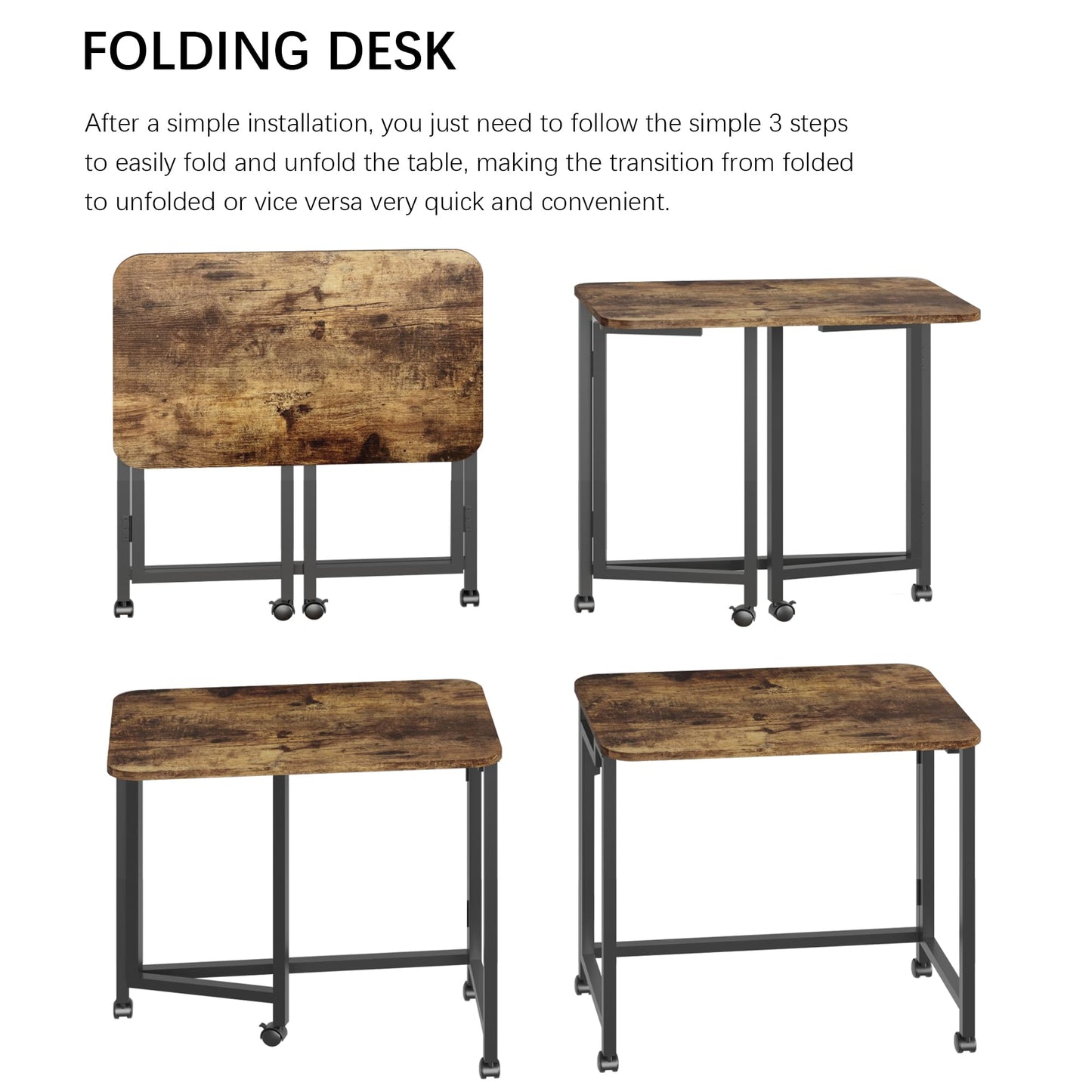 JSB Small Folding Computer Desk with Wheels Writing Modern Industrial Work Table Laptop for Home Office (Rustic & Brown, 23.6")