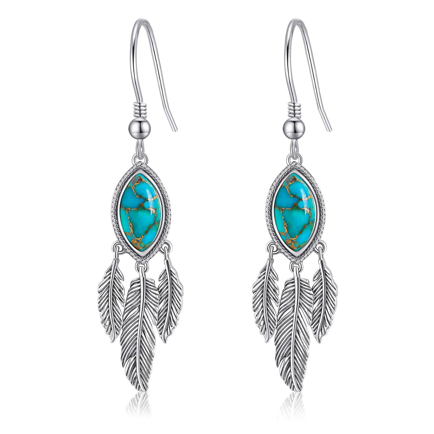 AVECON Genuine Teal Turquoise Feather Dangle Earrings for Women, 925 Sterling Silver Mohave Pierced Drop Earring with Hook and Leaf, Boho Western Country Native American Jewelry for Cowgirl & Cowboy