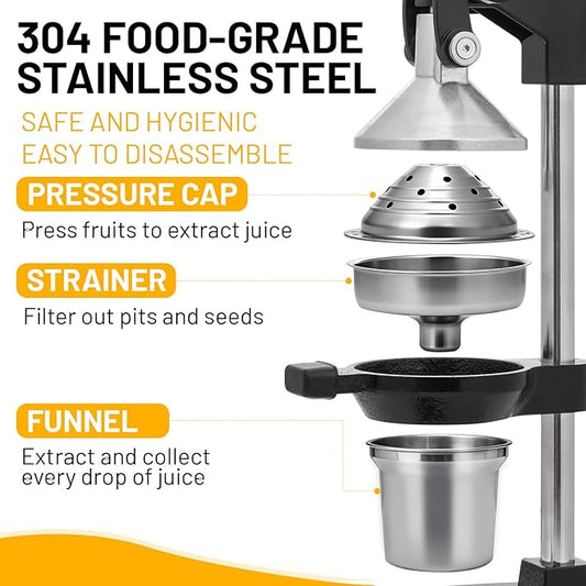 Cast Iron Juicer Hand Press for Citrus Fruits,Pomegranates,Grapefruits,Heavy-Duty Cast Iron Juicer,Lemon Squeezer Manual,with Stainless Steel Cup,Easy to Use & Clean（Black）