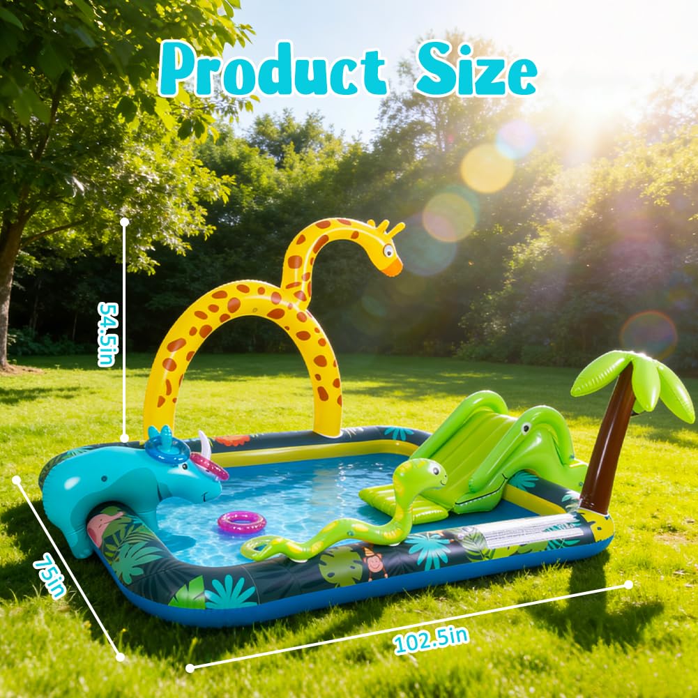 Inflatable Jungle Animal Play Center, Inflatable Water Park Kiddie Pool with Slide, Water Sprayer for Summer Outdoor Splash, Backyard and Garden 102.5" x75" x 54.5"