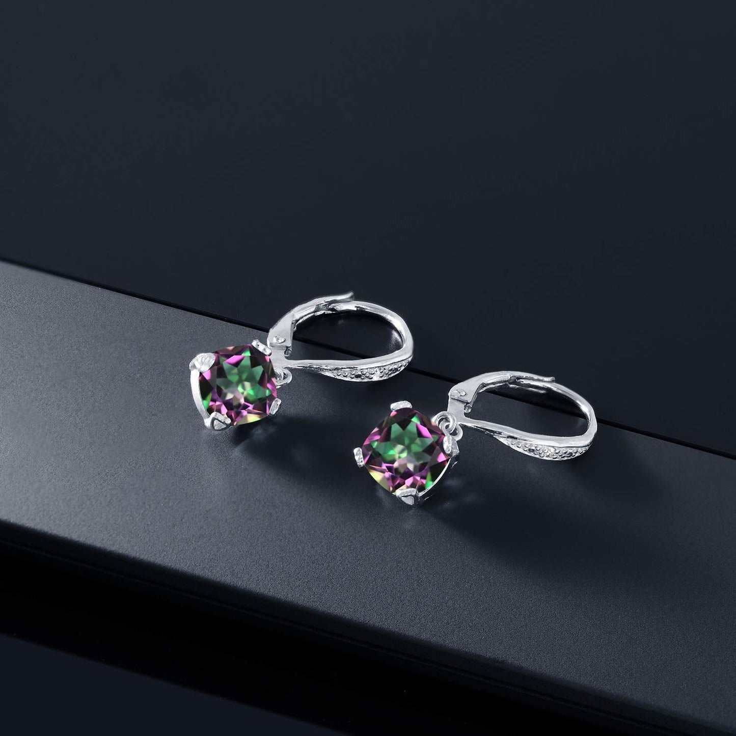 Gem Stone King Drop Dangle Earrings For Women | 7MM Cushion Cut Gemstone Birthstone and Diamond | 925 Sterling Silver | Jewelry Gift for Mom Wife Her | Green Mystic Topaz | Sterling Silver