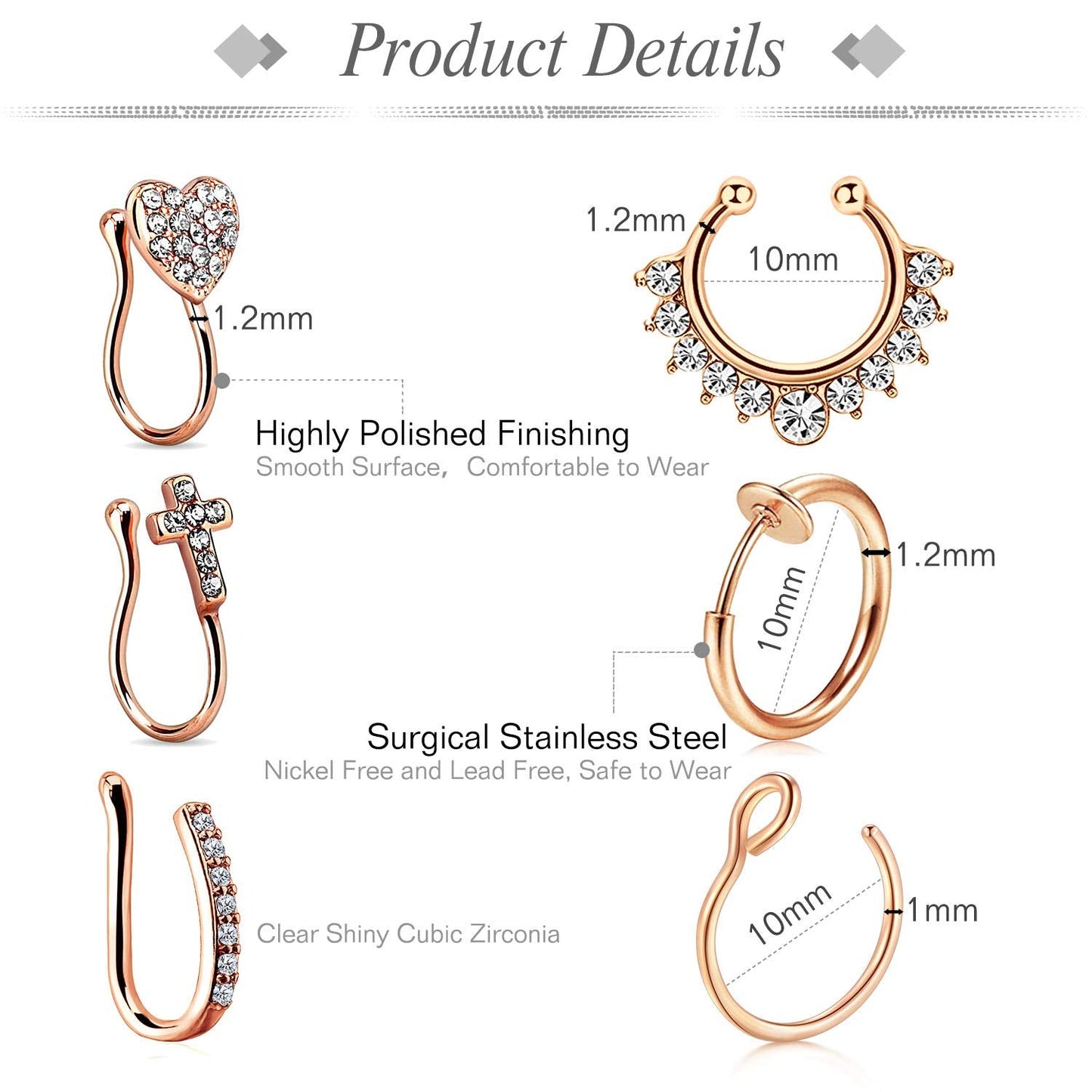 JFORYOU 6Pcs Fake Nose Rings, 16G Stainless Steel Inlaid CZ Faux Piercing Jewelry, Spring Clip on Circle Hoop No Pierced Septum Nose Ring For Women, Men