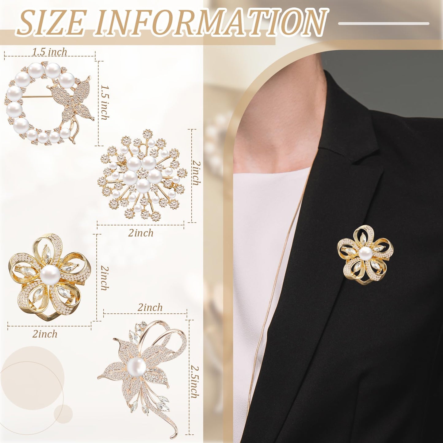 Ecally 4 Pcs Flower Brooch Pins for Women, Crystal Pearl Brooch and Pins for Dress, Coat, Shawl – Gift for Mother，Wedding (Exquisite)