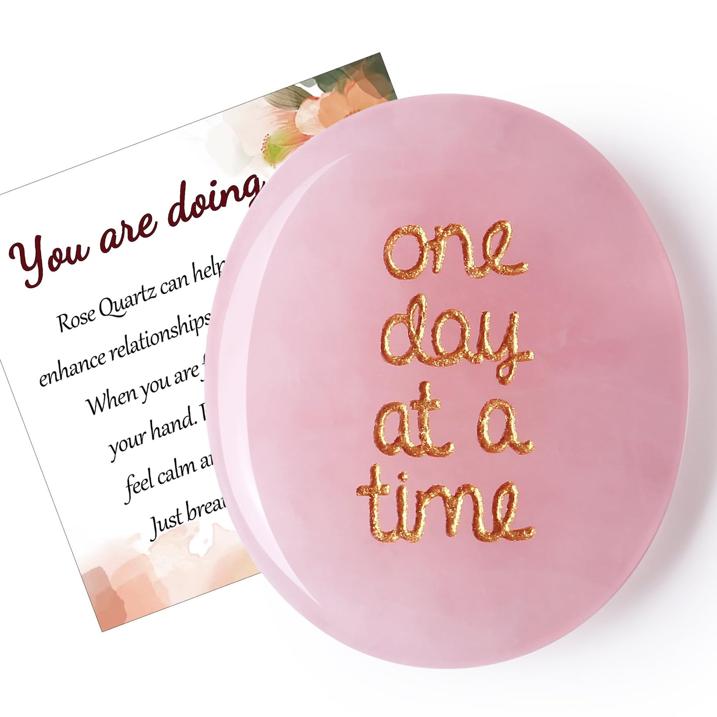 QINJIEJIE One Day at A Time Rose Quartz Worry Stone Healing Crystal Thumb Stones Thinking of You Gifts for Anxiety Relief Items You Got This Valentine's Day Gifts for My Love Gifts for Women