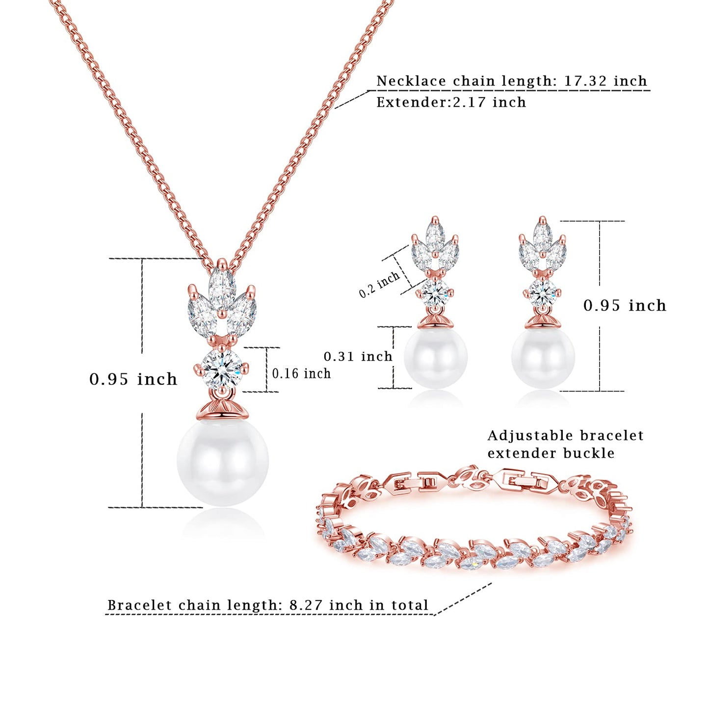 IDASANY Wedding Jewelry for Bride Bridesmaid, Pearl Dangle Earrings and Pendant Necklace Set Bridal Jewelry for Promise Wedding Party, 1 Set, Rose Gold