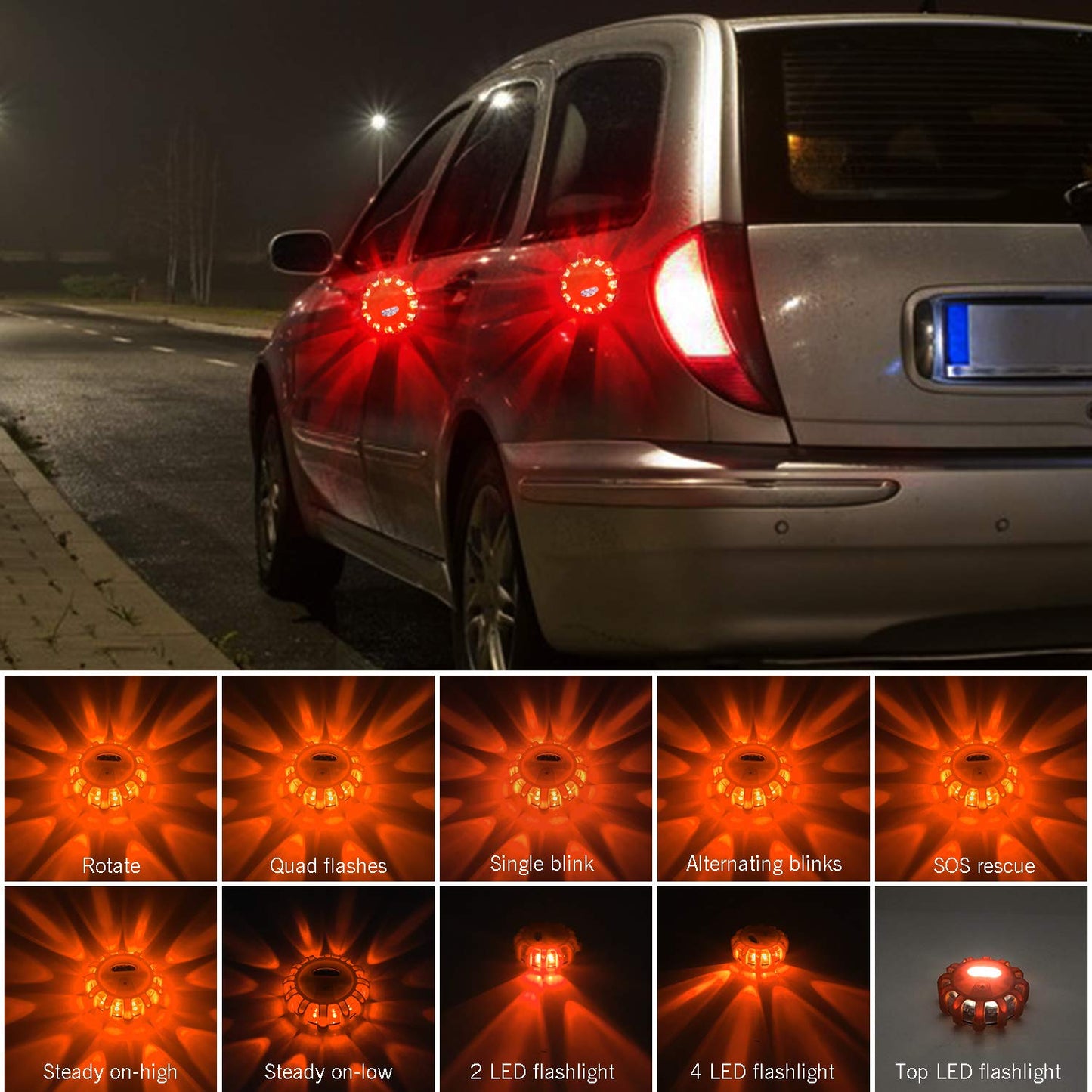 AK [4 Pack LED Road Flares Safety Flashing Warning Light Roadside Emergency Disc Beacon Kit for Vehicles Boats with Magnetic Base & Hook, Premium Storage Bag (Batteries Not Included) (4)