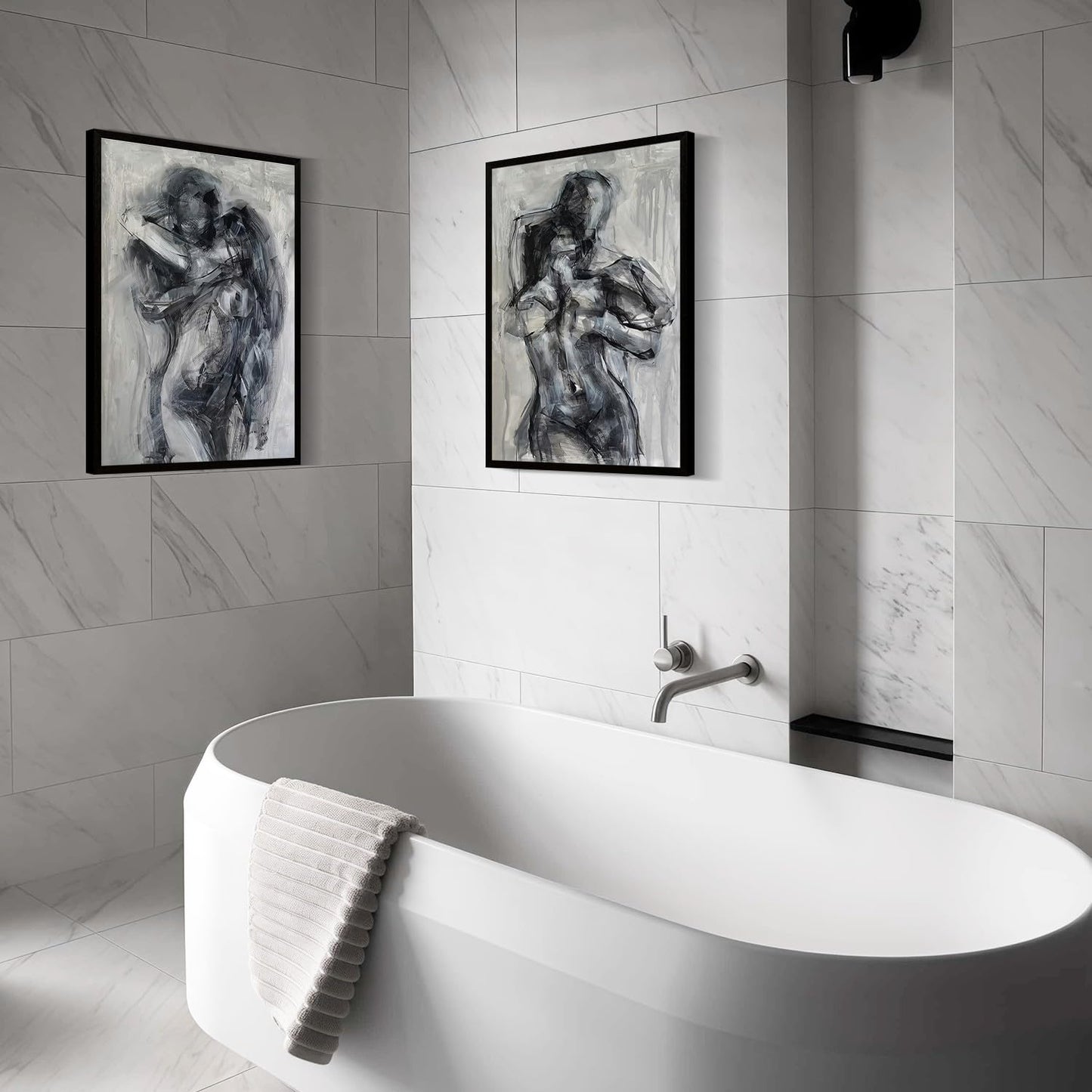 2Pcs Framed Black and White Bathroom Canvas Wall Art Abstract Nude Prints Couple Modern Gallery Style Painting Pen sketch Posters Decorations Bedroom Living Room Bathroom 12x16 Inch Ready to Hang