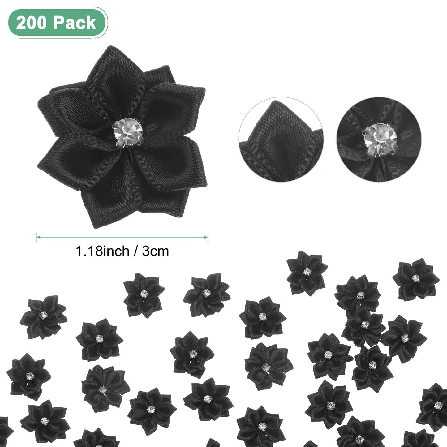 M METERXITY 200-Pack Satin Ribbon Flowers, 1.2 Inch Mini Fabric Flowers with Rhinestones Flower Ribbon Appliques for Crafts DIY/Wedding/Ornament/Party/Home [Black]