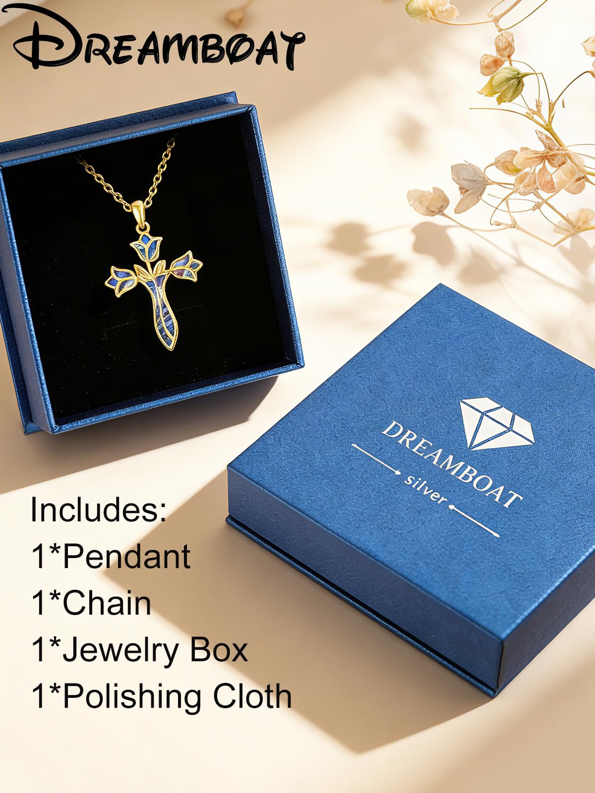 Dreamboat Cross Necklaces for Women Gold Plated Cross Pendant Sterling Silver Christian Necklace Tulip Rose Abalone Shell Faith Confirmation Gifts Religious Jewelry for Mom