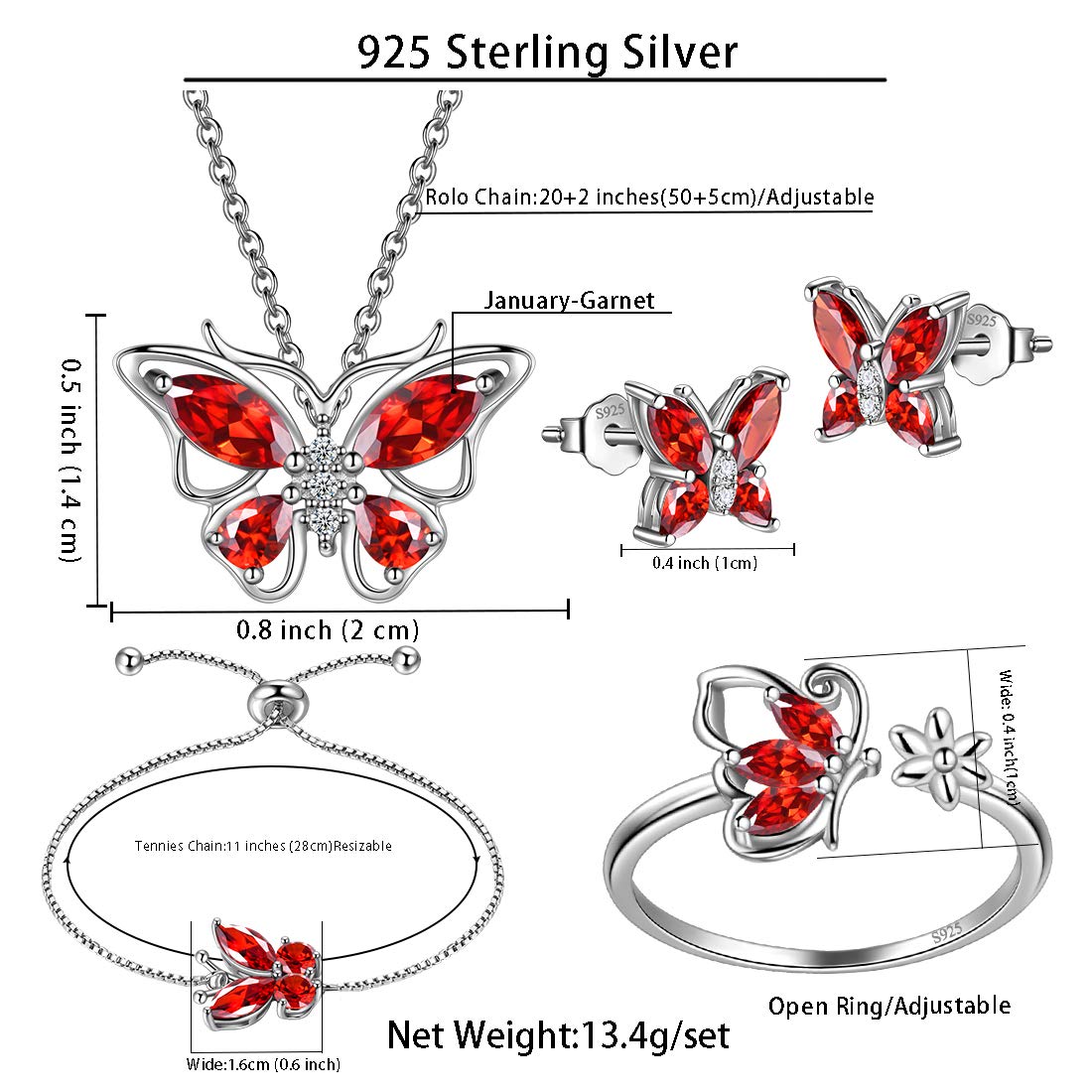 Hipunk Butterfly Red Jewelry Sets Birthstone Women 925 Sterling Silver January-Garnet Birth Stone Animal Butterflies Jewelry Sets/Earring/Ring/Bracelet Set Crystal Birthday Jewelry SS0003J