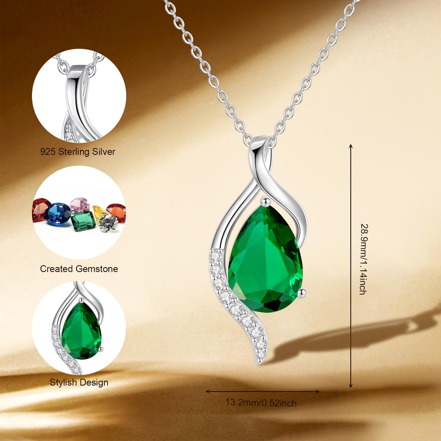 FANCIME May Birthstone Necklace for Women Teardrop Emerald Necklace S925 Sterling Silver Gentle Love Birthday Gifts for Mom Women, 16"+2" Inches