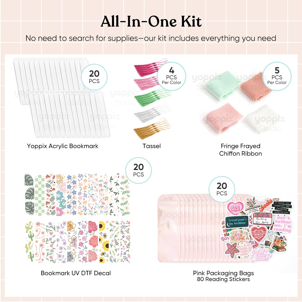 180 Pcs Acrylic Bookmark Blanks- 20 Set Bookmark Making Kit with 20 UV DTF Stickers About Floral Theme 20 Tassels 20 Ribbon 80 Bookish Stickers for DIY Your Crafts Gift for Book Lover